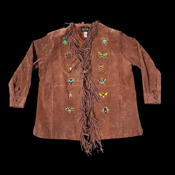 Vintage Bob Mackie Wearable Art Suede Leather Fringe Jacket Embroidered Bugs 1XL - Picture 2 of 8
